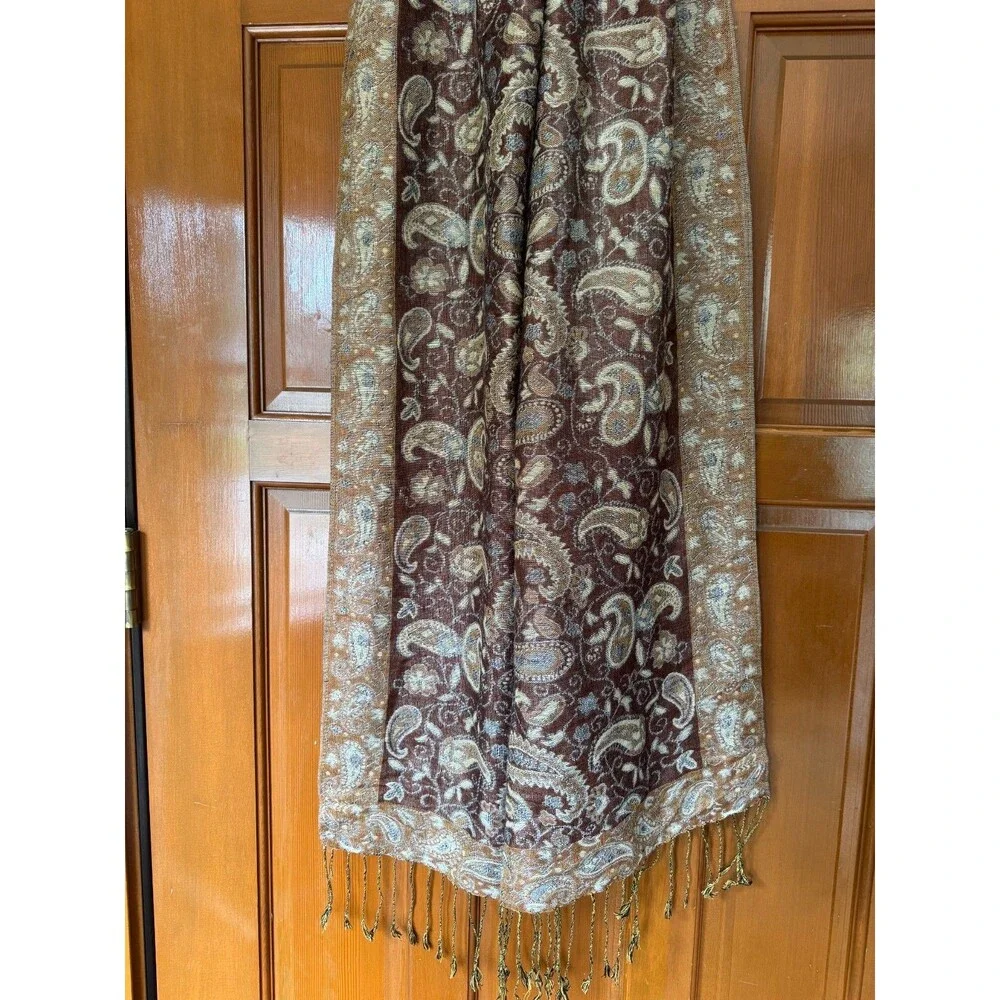 Pashmina Silk Blend Shawl or Wrap, Paisley Brown Tan Gold, Fringe ~28x70